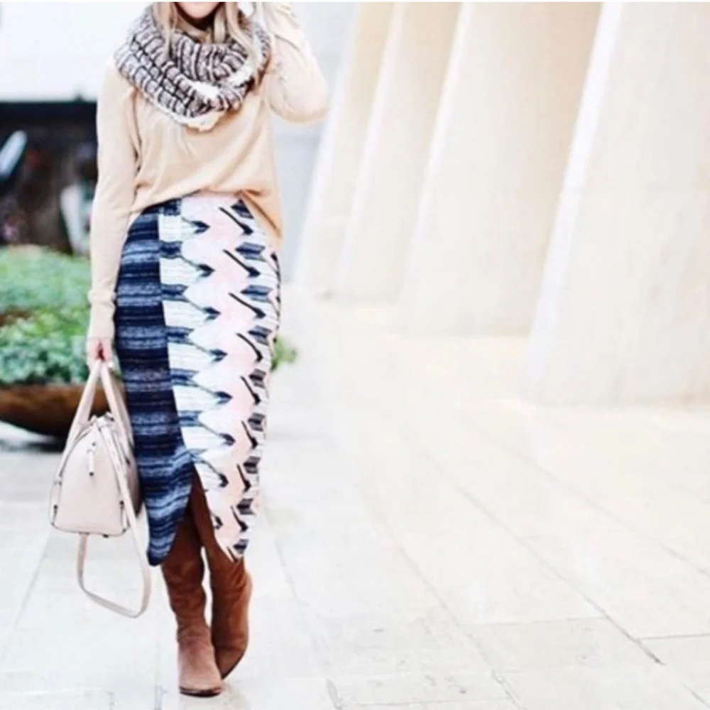 Anthropologie Maeve Plata‎ Chevron Women’s Stretch Midi Skirt Faux Wrap Large
